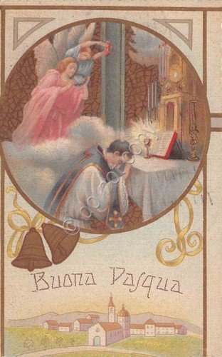 Cartolina Buona Pasqua Sacerdote Angeli campane 1939 | Immagine principale