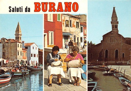Cartolina Burano 3 vedute merlettaie | Immagine principale
