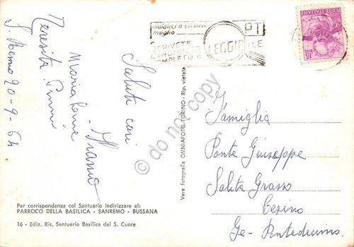 Cartolina Bussana S. Remo Reggia del Sacro Cuore timbro targhetta …