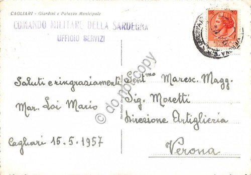 Cartolina Cagliari Giardini Palazzo Municipale Timbro Comando Militare 1957 | Immagine Gallery 2