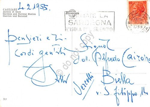 Cartolina Cagliari Giardini Stazione 1955 timbro visitate Sardegna