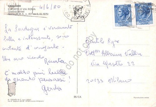 Cartolina Cagliari Panorama aereo Porto e Via Roma 1980