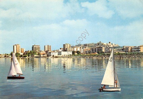 Cartolina Cagliari panorama dal mare barche a vela 1970 segnata