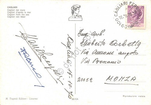 Cartolina Cagliari panorama dal mare barche a vela 1970 segnata