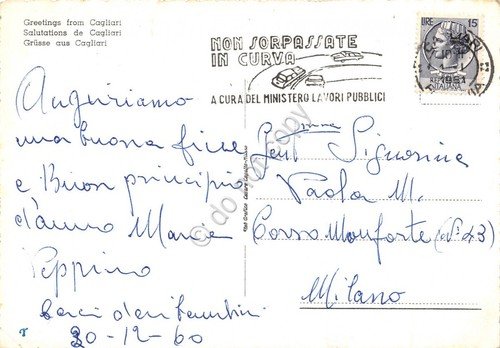 Cartolina Cagliari vedute 1960 timbro non sorpassate in curva segnata