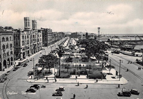 Cartolina Cagliari Via Roma 1955 auto bus | Immagine principale