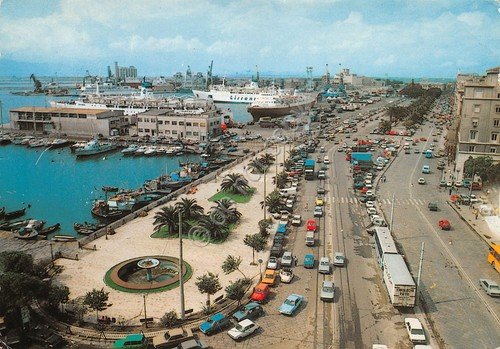 Cartolina Cagliari Via Roma porto e auto d'epoca dall'alto 1989 | Immagine principale