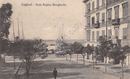 Cartolina Cagliari Viale Regina Margherita animata carro navi 1913 | Immagine principale