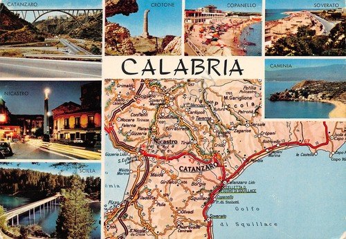 Cartolina Calabria vedute su mappa stradale Caminia Soverato Crotone