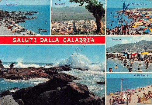 Cartolina Calabria vedute varie grafica Amantea Gizzera Nicastro Gioia anni … | Immagine principale