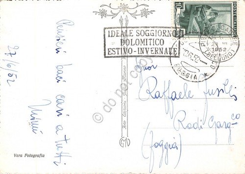 Cartolina Calalzo Panorama 1952 TIMBRO SOGGIORNO DOLOMITICO ESTIVO INVERNALE | Immagine Gallery 2