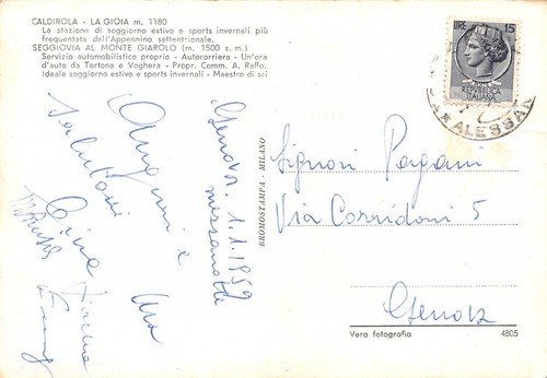 Cartolina Caldirola Albergo La Gioia Seggiovia al Monte Giarolo 1959