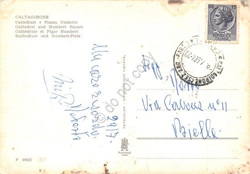 Cartolina Caltagirone Cattedrale Piazza Umberto 1964 segni