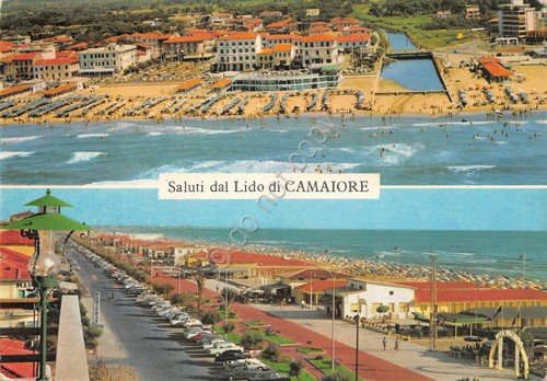 Cartolina Camaiore Lido 2 vedute panorama spiaggia passeggiata auto stabilimenti | Immagine principale
