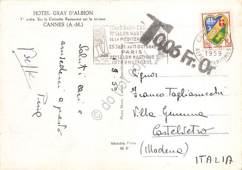 Cartolina Cannes Hotel Gray D'Albion Timbro Salone Nautico 1959 | Immagine Gallery 2