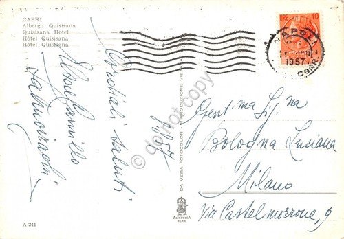Cartolina Capri Albergo Quisisana Cinema Parco Auguso asini 1957