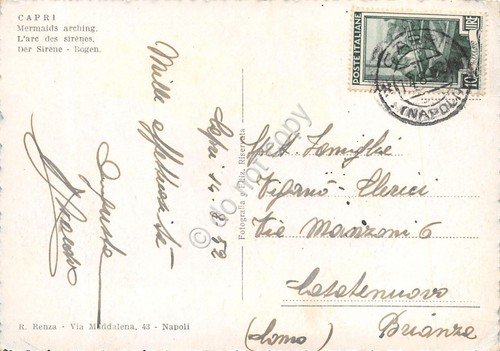 Cartolina Capri Arco delle Sirene 1952 barche (Napoli)