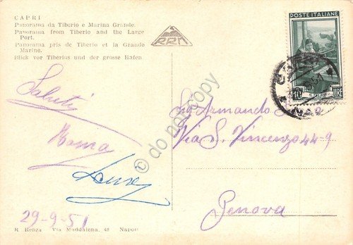 Cartolina Capri panorama da Tiberio e marina grande 1951 (Napoli)