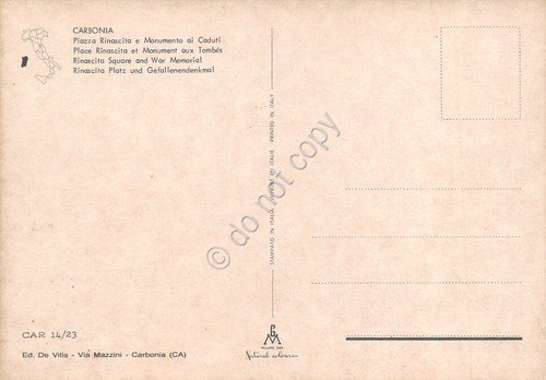 Cartolina Carbonia Piazza Rinascita e Monumento ai Caduti case animata