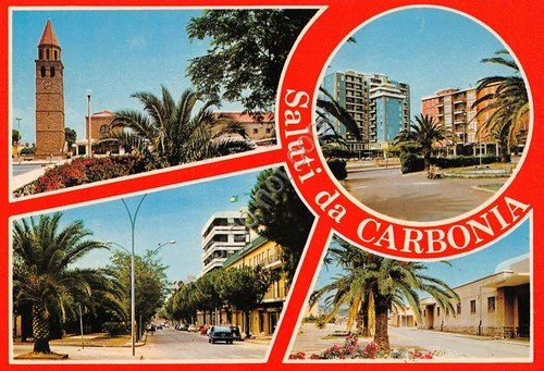Cartolina Carbonia Vedute varie paese case chiesa | Immagine principale