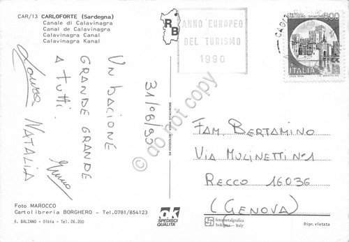 Cartolina Carloforte Canale Calavinagra 1990 timbro anno europeo del turismo
