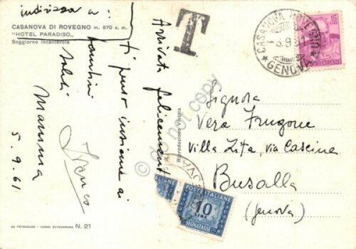 Cartolina Casanova di Rovegno Hotel Paradiso 1961 (Genova)