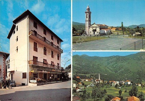 Cartolina Casanova Valtrebbia vedute campo calcio pasticceria insegna Motta | Immagine principale