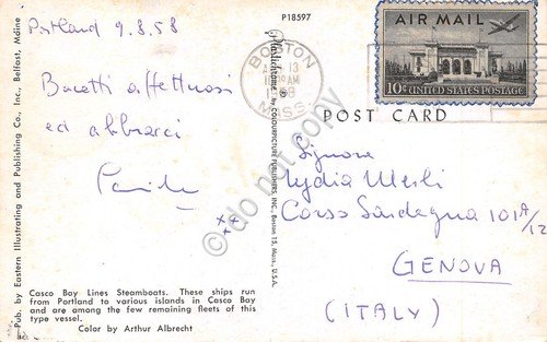 Cartolina Casco Bay Lines Steamboats Nave barca 1958