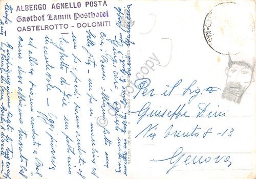 Cartolina Castelrotto Kastelruth Albergo Posta Agnello con timbro anni' 50
