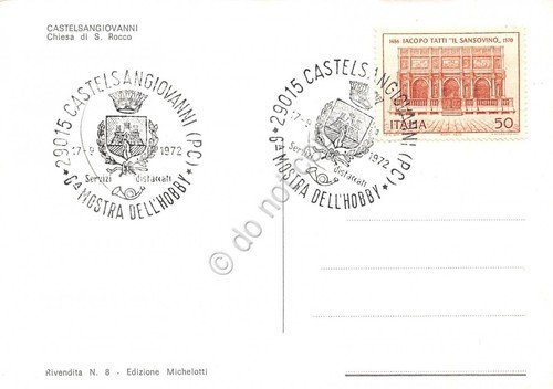 Cartolina Castelsangiovanni Chiesa San Rocco timbro filatelico 1972