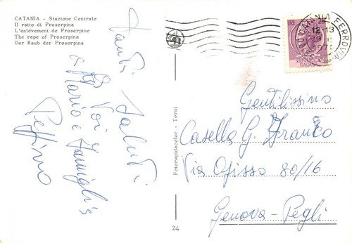 Cartolina Catania Stazione Centrale e Ratto di Proserpina anni' 70