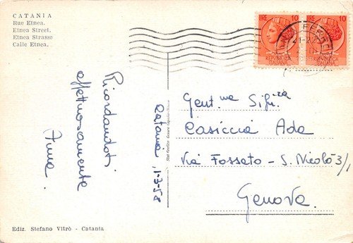 Cartolina Catania Via Etna animata auto d'epoca 1958