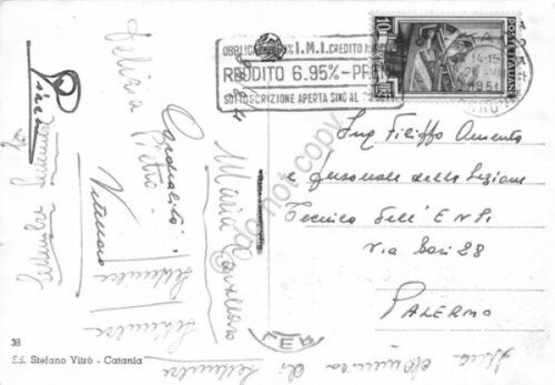 Cartolina Catania Via Etnea animata Timbro Obbligazioni 1951