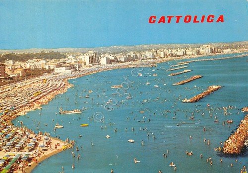 Cartolina Cattolica panorama aereo spiaggia animata anni '80