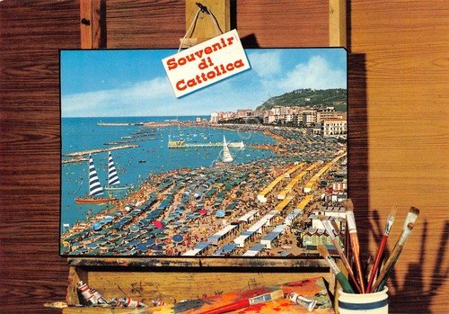 Cartolina Cattolica panorama su tavolozza da pittore pennelli anni '80 | Immagine principale