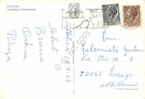 Cartolina Cattolica vedute varie e bandiere 1968 timbro targhetta stradale