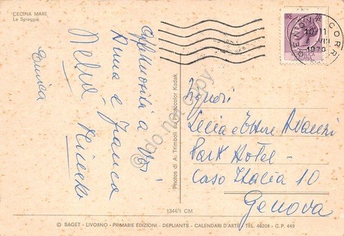 Cartolina Cecina Mare spiaggia animata pattino moscone 1970 (Livorno)