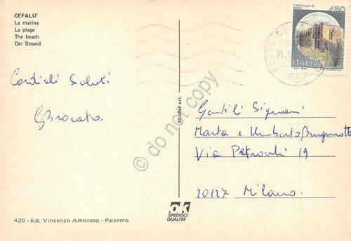 Cartolina Cefalù la marina case sulla spiaggia barche pescatori