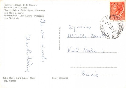 Cartolina Celle Ligure Panorama dalla pineta 1957 (Savona)