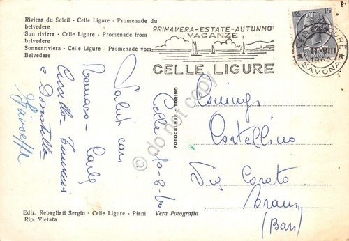 Cartolina Celle Ligure Passeggiata da belvedere 1960 timbro Celle Ligure