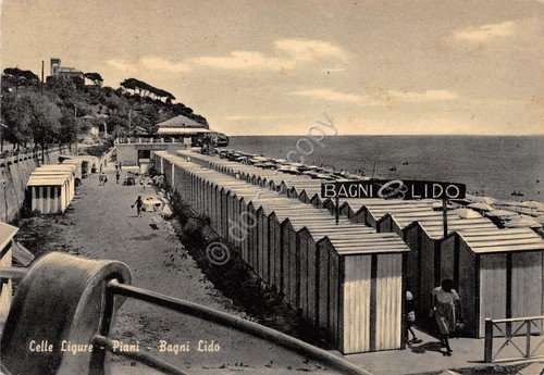 Cartolina Celle Ligure Piani Bagni Lido spiaggia animata anni '50