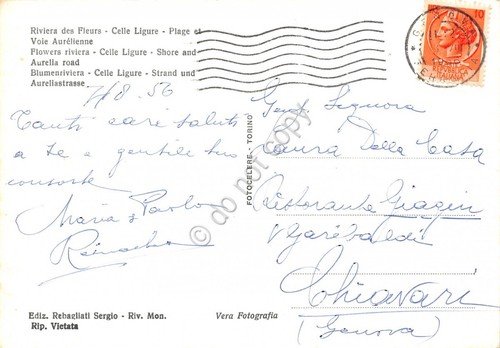 Cartolina Celle Ligure Spiaggia e Via Aurelia 1956