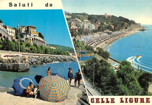 Cartolina Celle Ligure vedute varie spiaggia animata S. Giorgio 1976