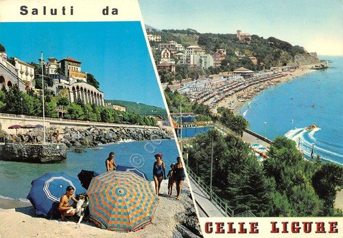 Cartolina Celle Ligure vedute varie spiaggia animata S. Giorgio 1976