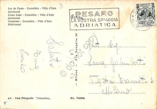 Cartolina Cernobbio Villa d'Este notturno 1953 Timbro Pesaro segni