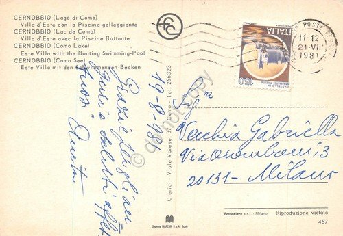 Cartolina Cernobbio Villa d'Este Piscina galleggiante 1981