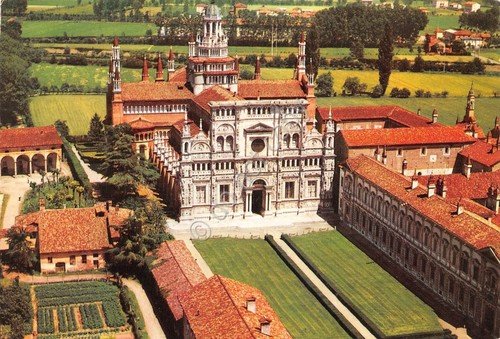 Cartolina Certosa di Pavia panorama aereo