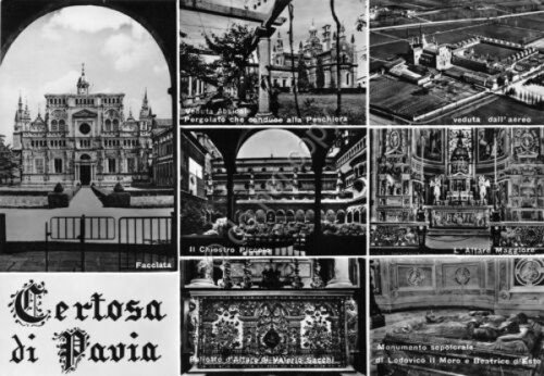 Cartolina Certosa di Pavia vedute varie