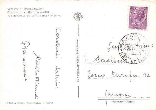 Cartolina Cervinia Breuil Panorama e Cervino 1968 (Aosta)