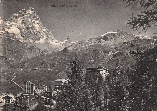 Cartolina Cervinia Breuil panorama parziale Timbro Buona Pasqua 1958